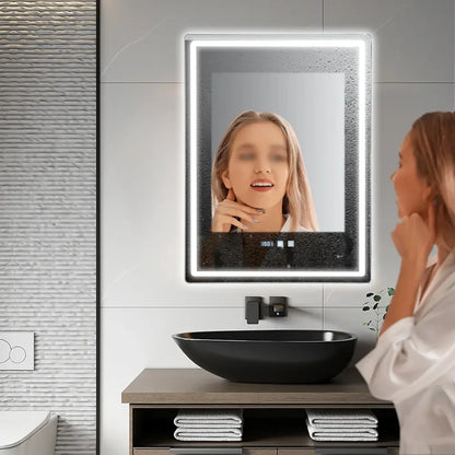 A sleek decorbites™ led bathroom mirror with glowing led frame, digital time display, adjustable brightness, and anti-fog feature