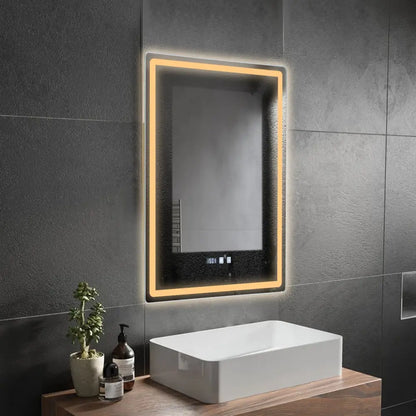 Rectangular decorbites™ led bathroom mirror with sleek black frame, warm edge lighting, adjustable brightness, anti-fog, and time display