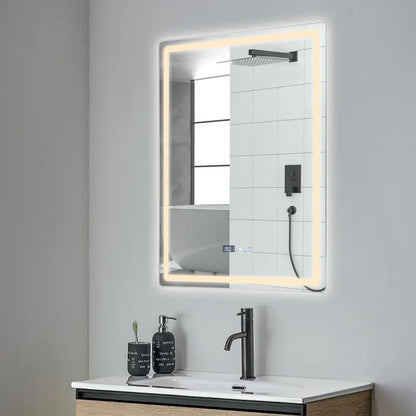 Rectangular decorbites™ led bathroom mirror with illuminated frame, adjustable brightness, anti-fog, and digital time display