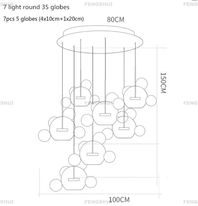 Modern decorbites™ bubble ball LED chandelier with seven glass globes and metallic frame for living room or dining use
