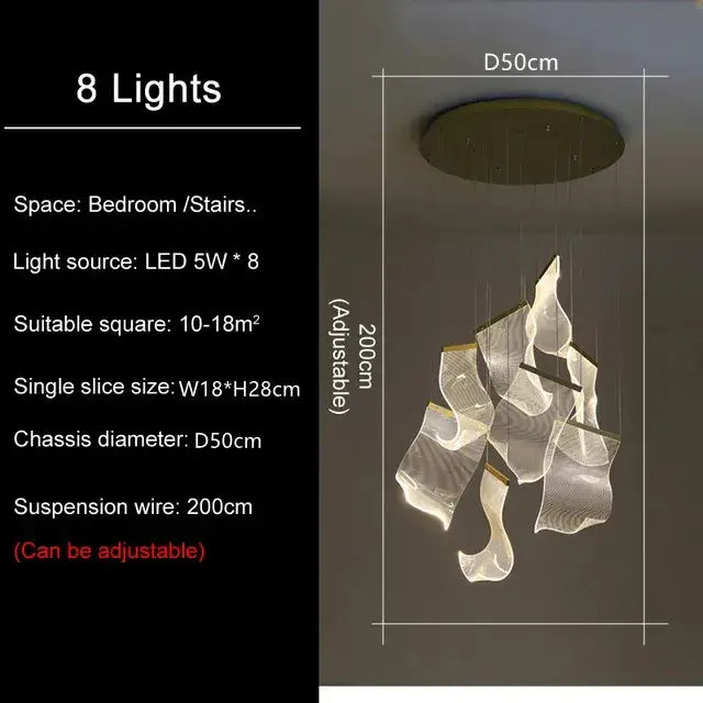 DecorBites™ modern led ceiling chandelier with eight translucent glass shades and brass base for living room lighting