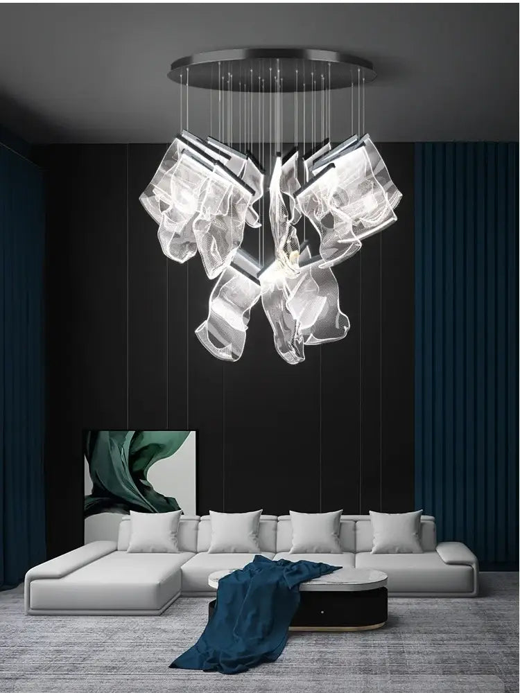 Modern decorbites™ led ceiling chandelier with circular metal base and cascading transparent glass for living room use