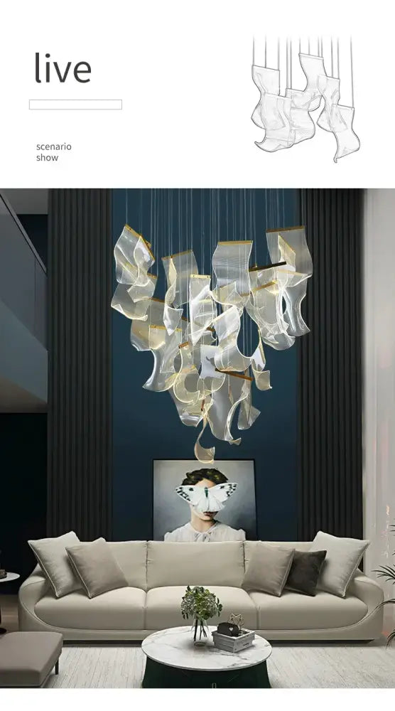Decorbites™ led ceiling chandelier with translucent acrylic shades and gold accents hanging above living room space