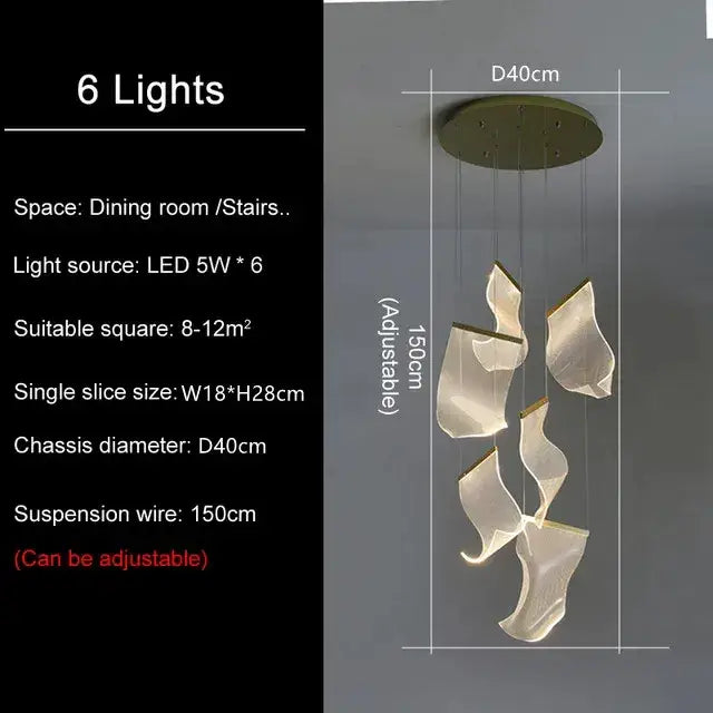 Modern white led ceiling chandelier with six adjustable light slices and brass-colored circular mount for living room decor