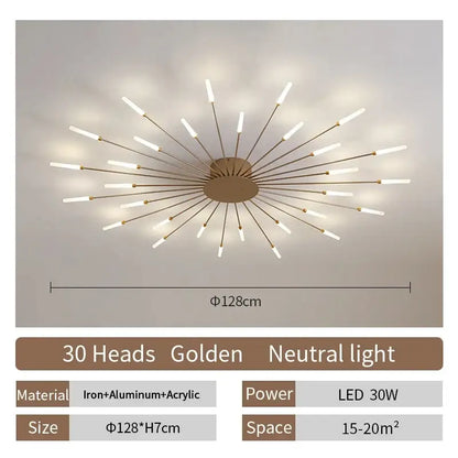 DecorBites™ golden starburst led ceiling chandelier light with 30 heads made of iron and aluminum nordic design