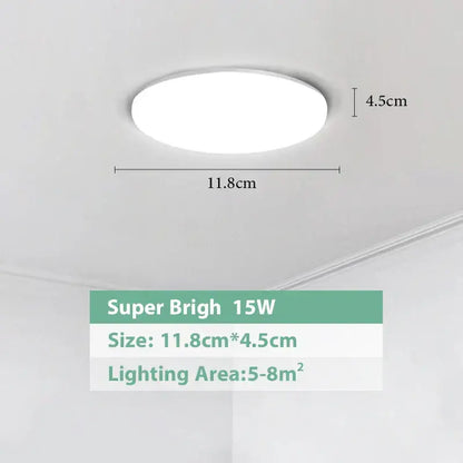 A sleek circular white decorbites led ceiling light with 15w brightness measures 11.8cm by 4.5cm