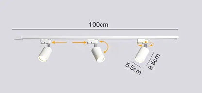 White cylindrical decorbites led ceiling lights with adjustable heads and 100cm mounting bar for indoor use
