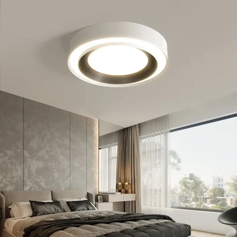 Modern circular decorbites led ceiling lights with white outer ring and gold inner rings for bright indoor illumination