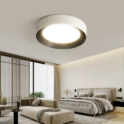 Modern circular decorbites led ceiling light with white outer ring and dark metallic rings for indoor use
