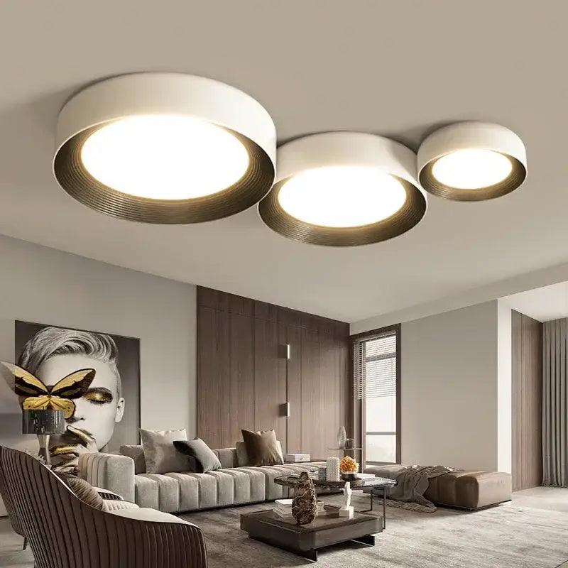 DecorBites™ modern three-light led ceiling fixture with white and brushed gold circular shades for bedroom lighting