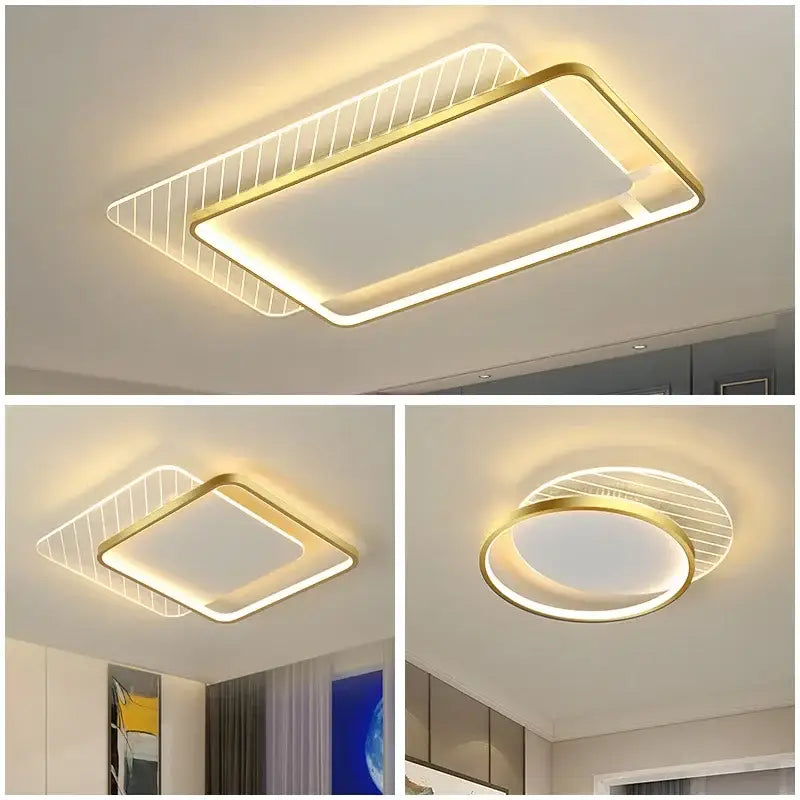 Modern rectangular and circular decorbites led ceiling lights with gold frames and illuminated panels for minimalist interiors