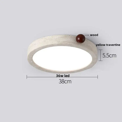 Circular decorbites led ceiling light with white travertine ring and dark wood sphere accent in modern nordic style