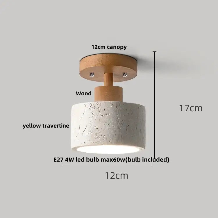Modern style DecorBites LED ceiling light with wooden canopy and yellow travertine cylindrical shade for balcony use