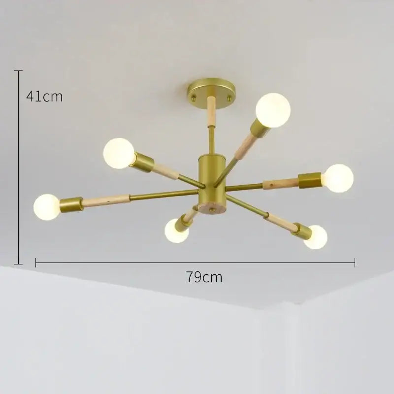 Gold-toned decorbites led ceiling lights with six exposed bulbs on wooden arms for modern livingroom and bedroom