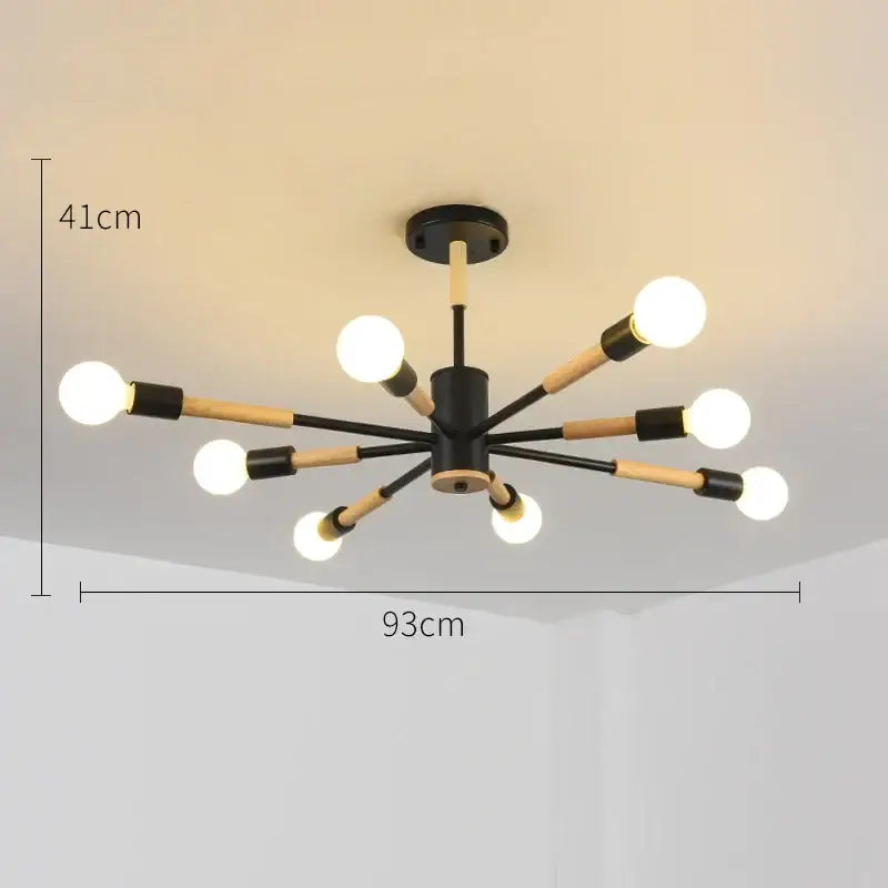 Modern black and wood-toned DecorBites LED ceiling lights with eight exposed bulbs for livingroom and bedroom lighting