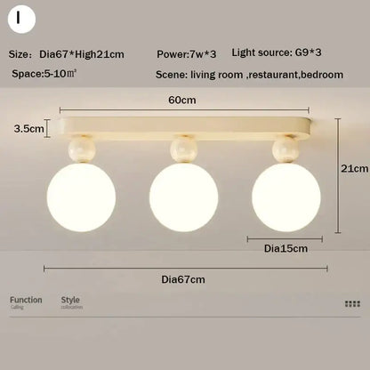 Cream-colored decorbites led ceiling moon light fixture with three glass bulbs and pearl-like decorative spheres for bedroom lighting