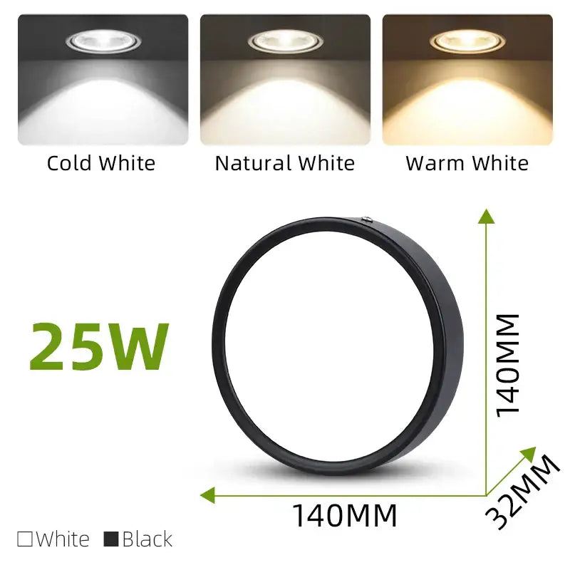 DecorBites™ black circular led ceiling spot downlight with 25w power and cold, natural, or warm white options for home lighting