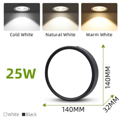 DecorBites™ black circular led ceiling spot downlight with 25w power and cold, natural, or warm white options for home lighting