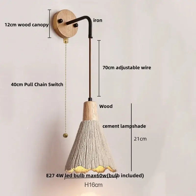 DecorBites led cement wall light with wooden canopy black iron arm and natural wood cement shade for rustic decor