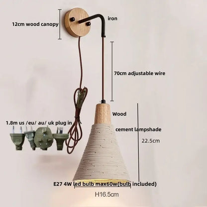 Rustic decorbites led cement wall light with natural wood canopy black iron arm and textured cement shade in nordic style