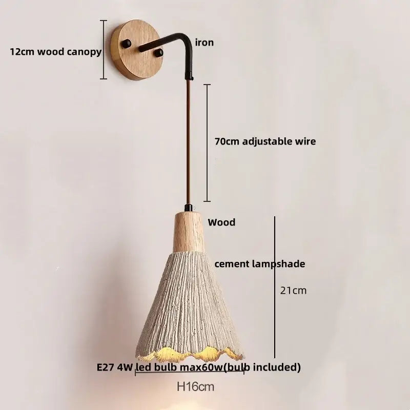 DecorBites led cement wall light with 12cm wooden canopy black iron arm and textured cement shade flaring outwards