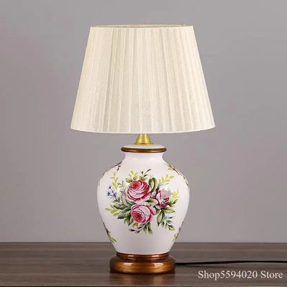 White hand-painted pink rose decorbites led ceramic table lamp with cream pleated shade for living room lighting