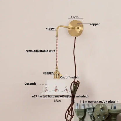 Vintage-style decorbites led ceramic wall lamp with brass copper finish, adjustable wire, and floral ceramic shade