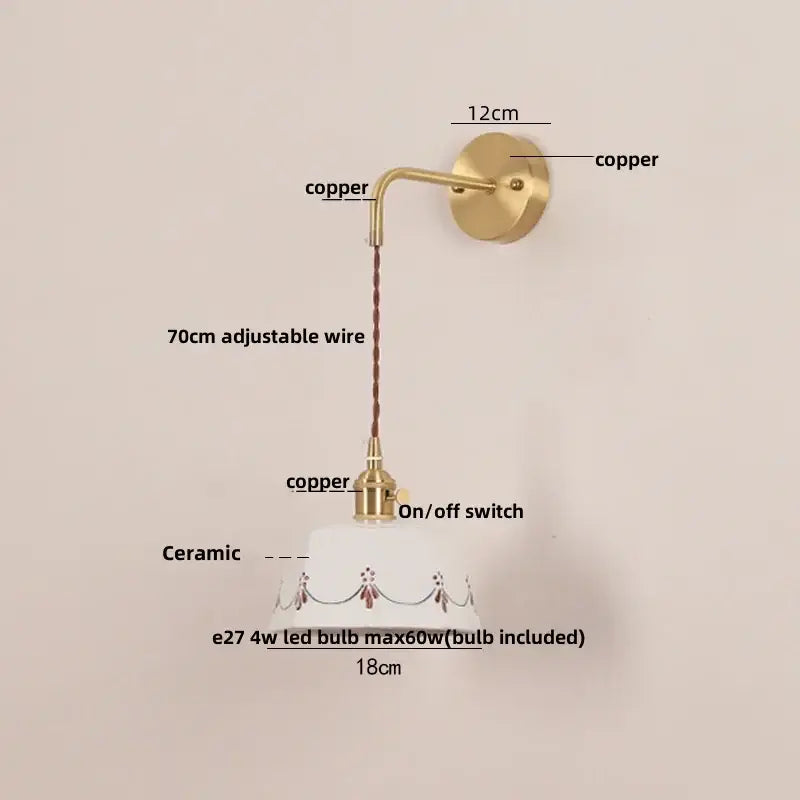 Vintage-style decorbites led ceramic wall lamp with brass copper arm, adjustable wire, and floral ceramic shade