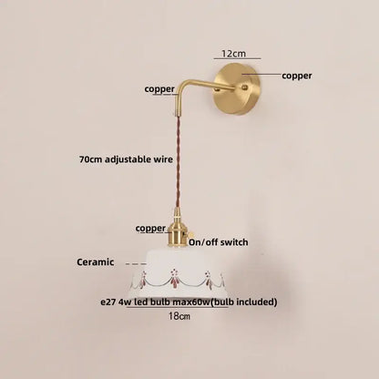 Vintage-style decorbites led ceramic wall lamp with brass copper arm, adjustable wire, and floral ceramic shade