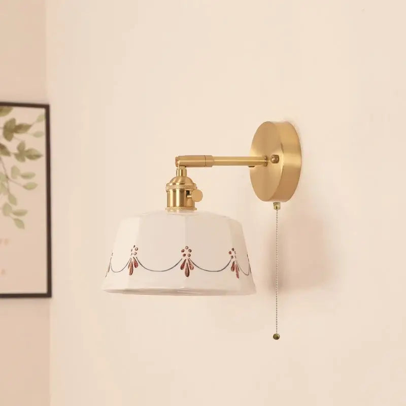 White ceramic lampshade with brown floral patterns on brass decorbites led ceramic wall lamp with pull chain switch