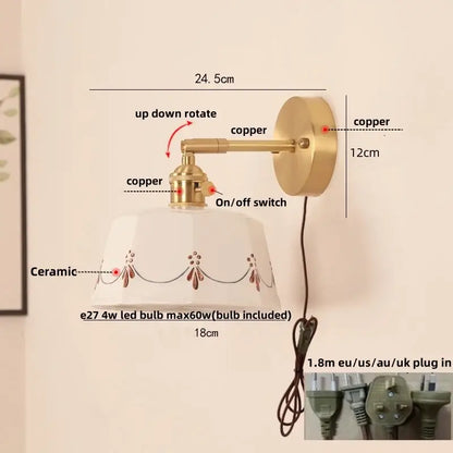 Decorbites led ceramic wall lamp with white ceramic sconce, gold copper arm, pull chain switch, and brown floral patterns