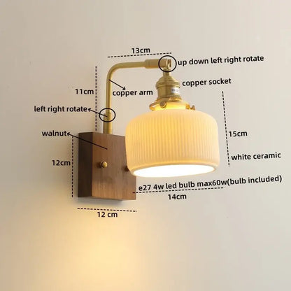 Vintage-style DecorBites™ LED ceramic wall sconce with brass copper arm, walnut wood base, and white ridged shade