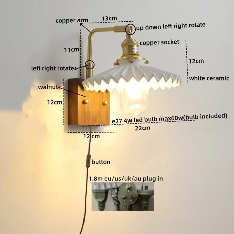 Vintage-style decorbites led ceramic wall sconce with brass copper arm white scalloped ceramic shade and walnut wood plate