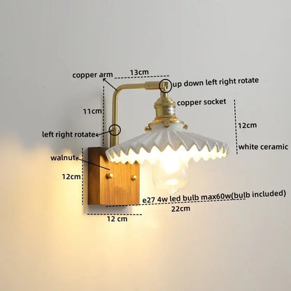 Decorbites led ceramic wall sconce with brass copper arm walnut wood base and white scalloped ceramic lampshade light fixture