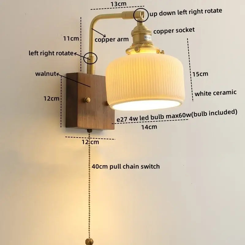 Vintage-style decorbites led ceramic wall sconce with brass copper arm, walnut base, and white ceramic shade light fixture