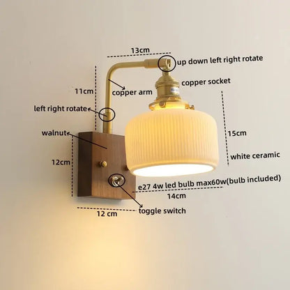 Vintage-style decorbites led ceramic wall sconce with brass copper arm, walnut wood base, and white ridged lampshade