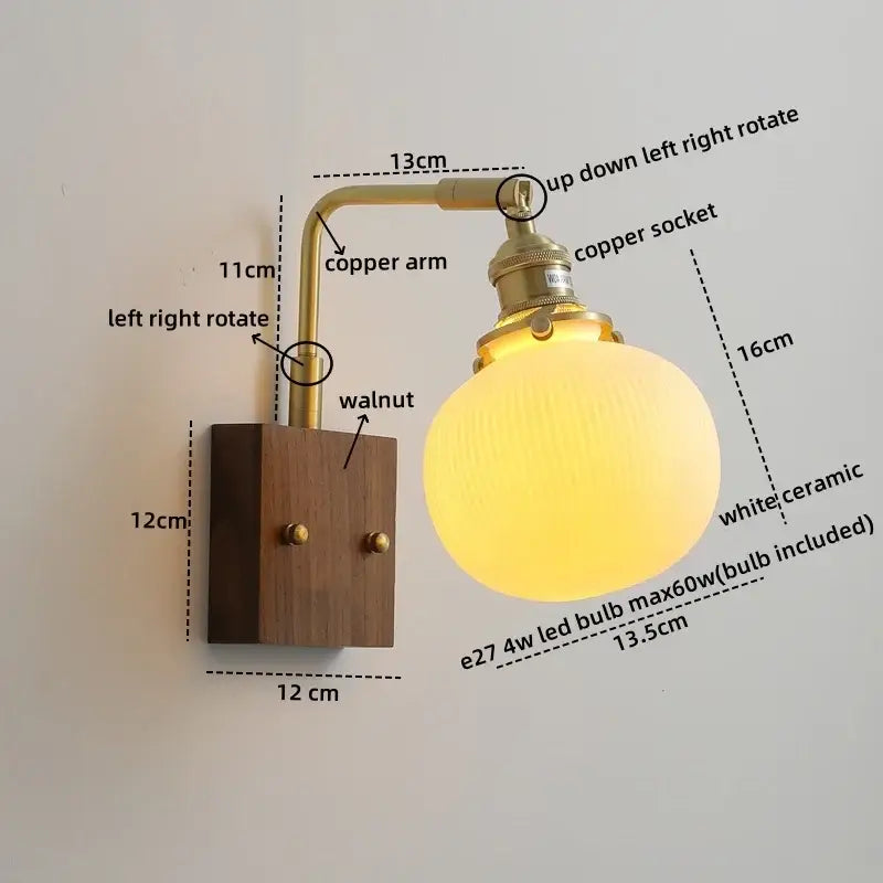 Decorbites led ceramic warm white globe wall sconce with brass copper arm and walnut base light fixture