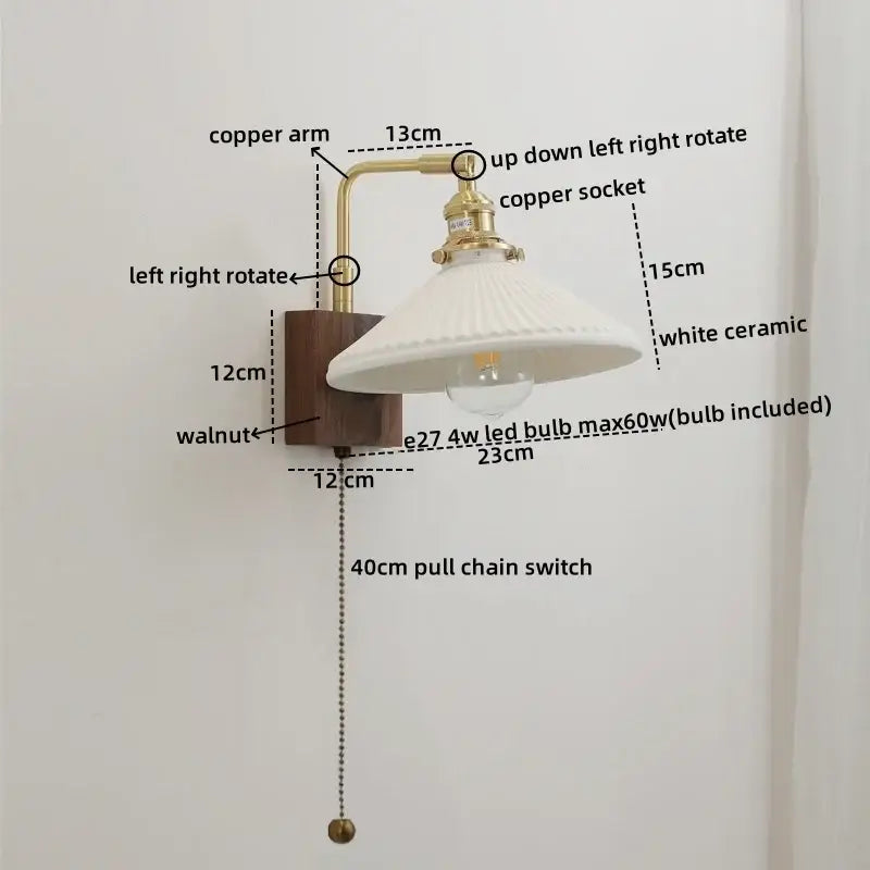 DecorBites™ led ceramic wall sconce with a brass copper arm, walnut wood base, and white ceramic shade light fixture