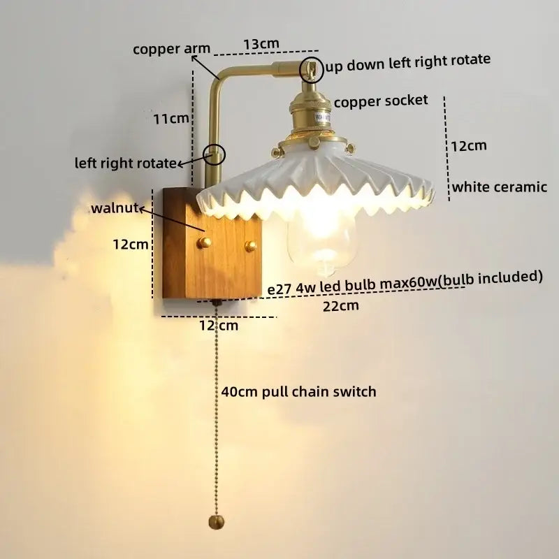 DecorBites™ LED ceramic wall sconce with brass copper arm white scalloped ceramic shade and walnut wood base light fixture