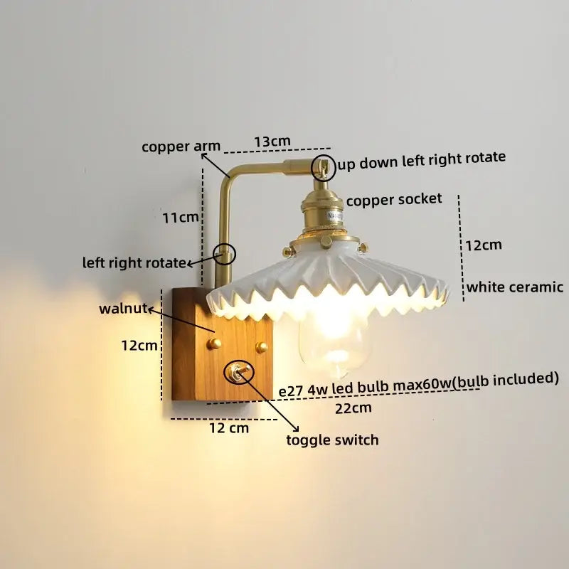 Vintage-style decorbites led ceramic wall sconce with brass copper arm, walnut wood base, and white ceramic shade light fixture