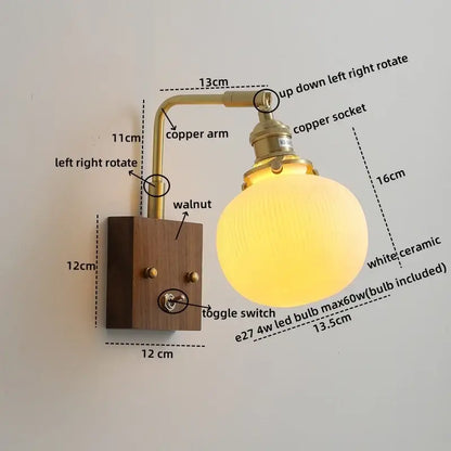 DecorBites™ LED ceramic wall sconce with brass copper arm, walnut wood base, and white ceramic globe light fixture