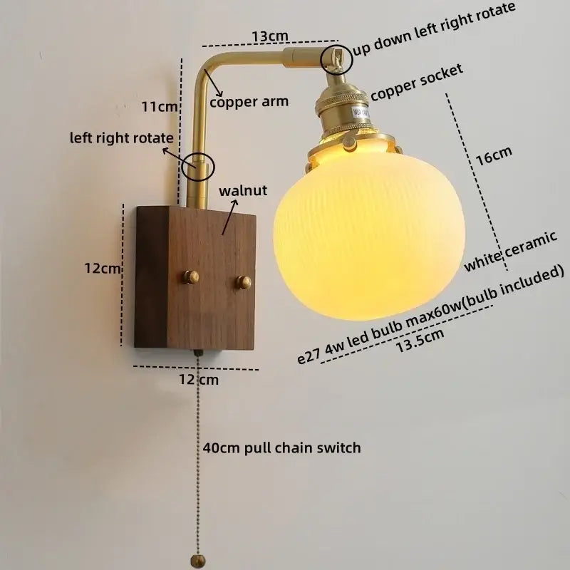 DecorBites led ceramic wall sconce with warm white ceramic globe, brass copper arm, walnut wood base, and e27 4w led bulb