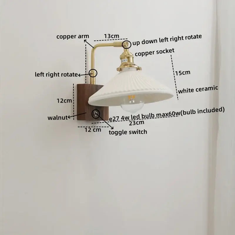 DecorBites™ LED ceramic wall sconce with brass copper arm, walnut wood base, and white ceramic shade light fixture