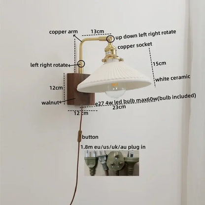DecorBites led ceramic wall sconce with brass copper arm white ceramic shade and walnut wood base light fixture