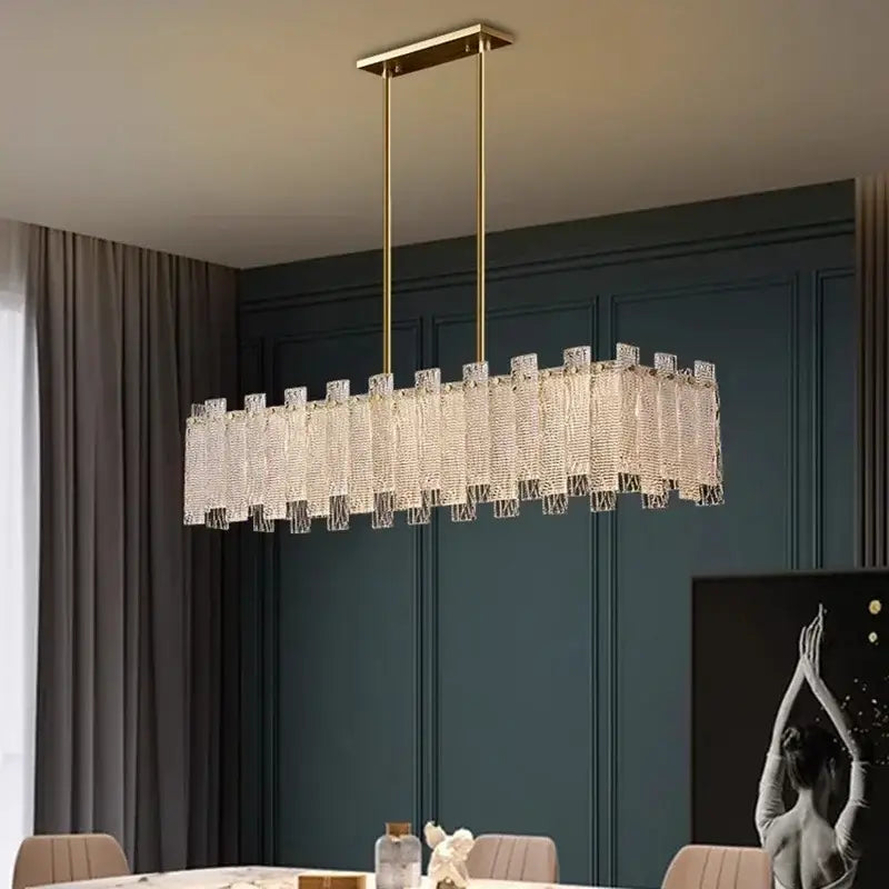 Gold-toned DecorBites LED chandelier ceiling lamp with cascading crystal strands for living room and bedroom lighting
