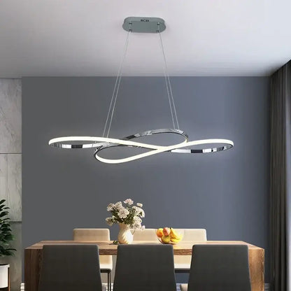 Modern infinity-shaped decorbites led chandelier with chrome finish and white light bands for living room and kitchen use