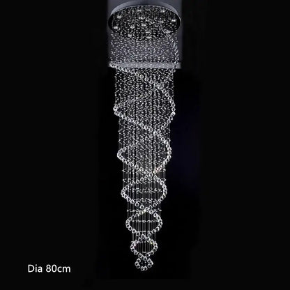 Crystal chandelier with cascading clear faceted beads in spiral pattern for luxury hotel lighting by DecorBites LED chandelier