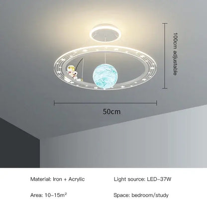 Whimsical decorbites led chandelier featuring an astronaut fishing by a blue planet with glowing rings for boys room