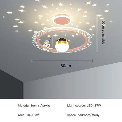 Whimsical decorbites led chandelier with cartoon astronaut fishing from golden sphere and starry led acrylic ring
