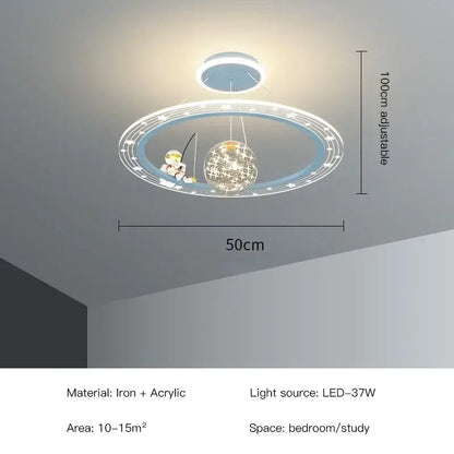 Modern decorbites led chandelier with a circular blue-accented ring and illuminated spherical globe for boy’s room